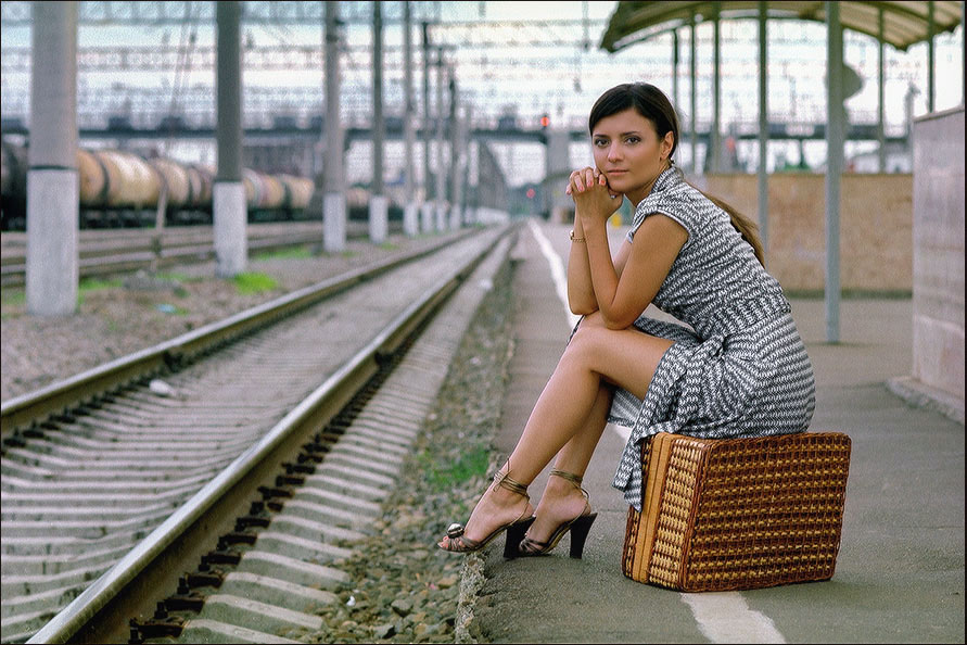 Candid beautiful girl with flats train pic