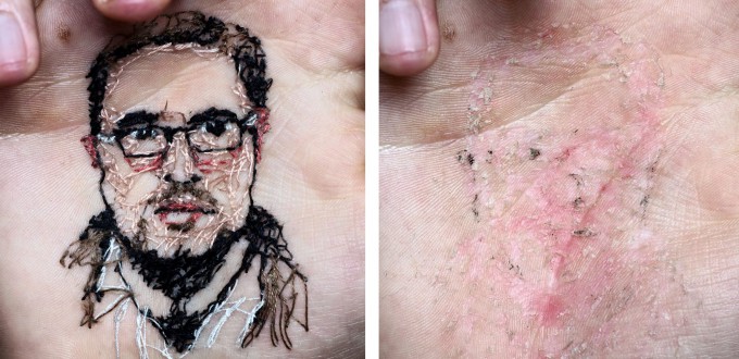 21-летний художник Дэвид Ката (David Cata) из Испании использует свое тело, как холст, вышивая на своих руках портреты любимых людей. На фотографии – портрет Карлоса, друга художника. Фото: SWNS.COM