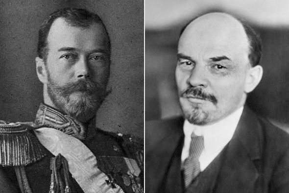 Слева направо: Император Николай II в 45 лет, за четыре года до революции 1917-го. Владимир Ленин в 48 лет, председатель Совета народных комиссаров РСФСР.