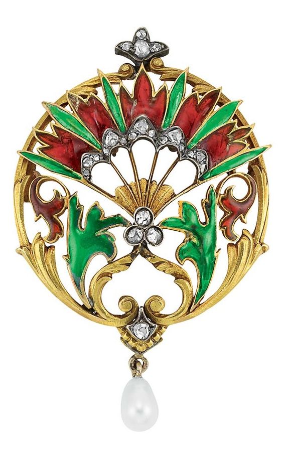 Art Nouveau Gold, Silver, Plique-a-Jour Enamel, Diamond and Pearl Brooch
