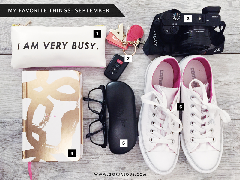 1. ban.dō pencil pouch / 2. Old Navy keychain / 3. Sony Alpha a6000 mirrorless camera / 4. ban.dō 17-month classic agenda / 5. Ray-Ban eyeglasses / 6. Converse low-top sneakers