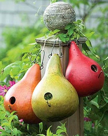 painted gourd bird houses for the fence posts