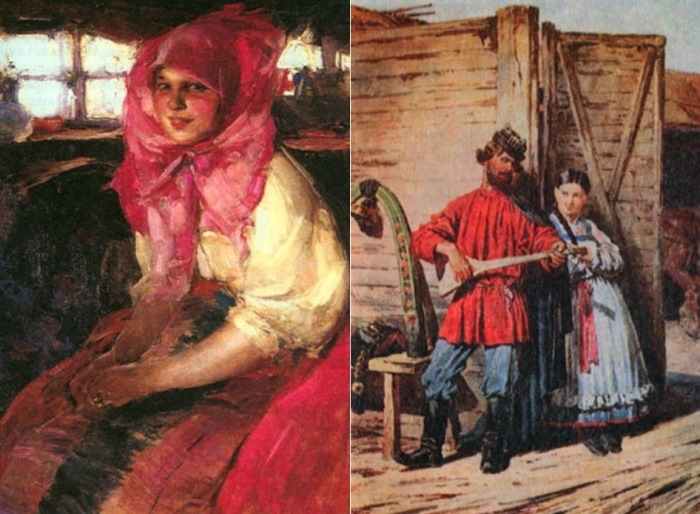 Слева – А. Архипов. Крестьянская девушка. Справа – П. Соколов. У ворот