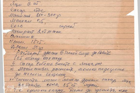 Немного истории о рецепте. Этот рецепт передается из поколения в поколение. Бабушка передала моей маме, а мама передала его мне. Я с трепетом храню пожелтевший от времени линованный, тетрадный листок с написанным наспех, ее рукою, рецептом. Так сложилось, что у меня нет дочери, только два сына и я решила продолжить жизнь этого замечательного рецепта. Немного истории о рецепте. Этот рецепт передается из поколения в поколение. Бабушка передала моей маме, а мама передала его мне. Я с трепетом храню пожелтевший от времени линованный, тетрадный листок с написанным наспех, ее рукою, рецептом. Так сложилось, что у меня нет дочери, только два сына и я решила продолжить жизнь этого замечательного рецепта.