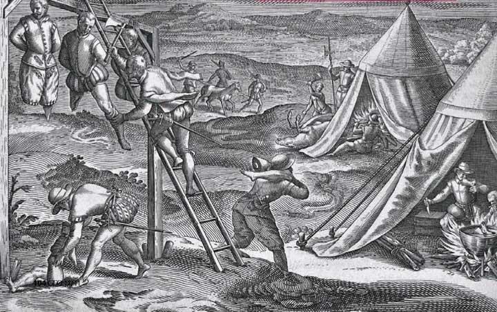 На этом рисунке, который был выгравирован Теодором де Брай, изображены голодные испанцы, отрезающие части тел повешенных воров. европа, канибализм