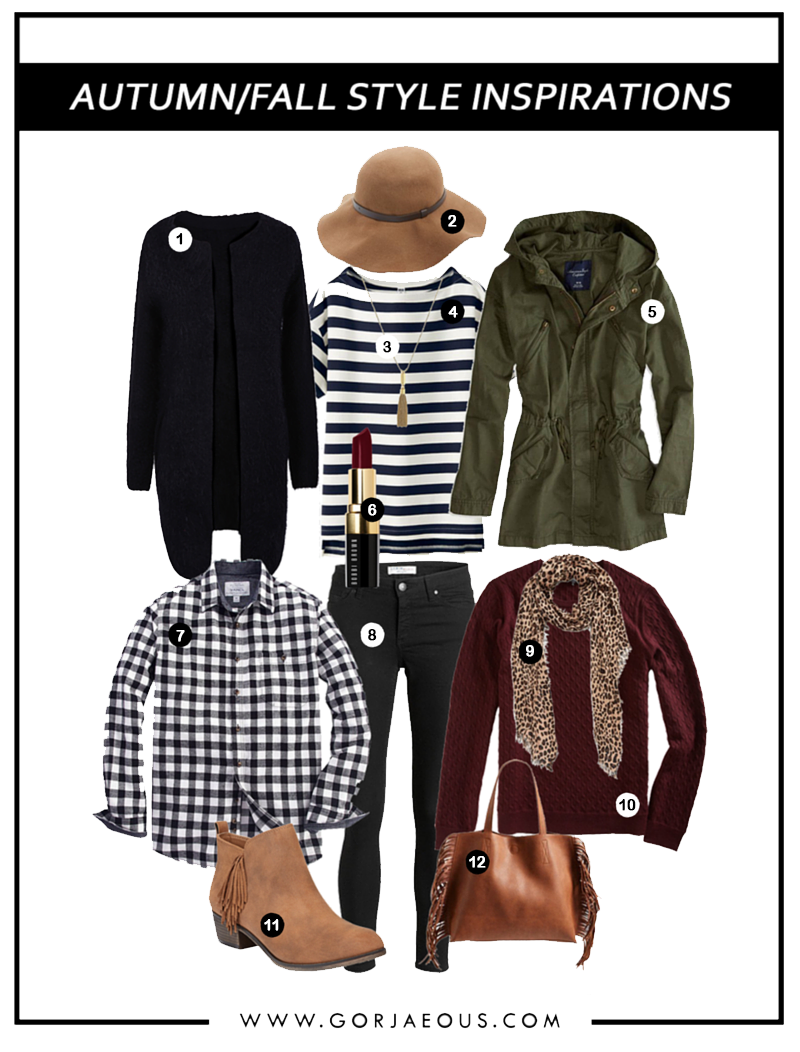   1. Long open-front cardigan / 2. Floppy wool-felt hat / 3. Long gold necklace / 4. Striped T-shirt / 5. Utility jacket / 6. Dark-shade lipstick / 7. Flannel shirt / 8. Skinny jeans / 9. Scarf / 10. Knitted sweater / 11. Ankle boots / 12. Fringe bag