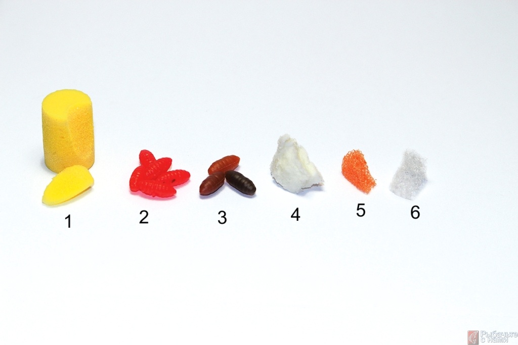 Дополнительную плавучесть можно придать следующими насадками: Ohropax (1), искусственный опарыш (2), искусственный кастер (3), искусственный хлеб (4), оранжевый (5) и белый (6) поролон.
