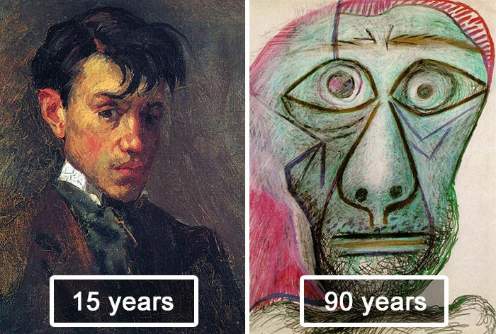 Автопортреты. Пабло Пикассо в 15 и в 90 лет.
