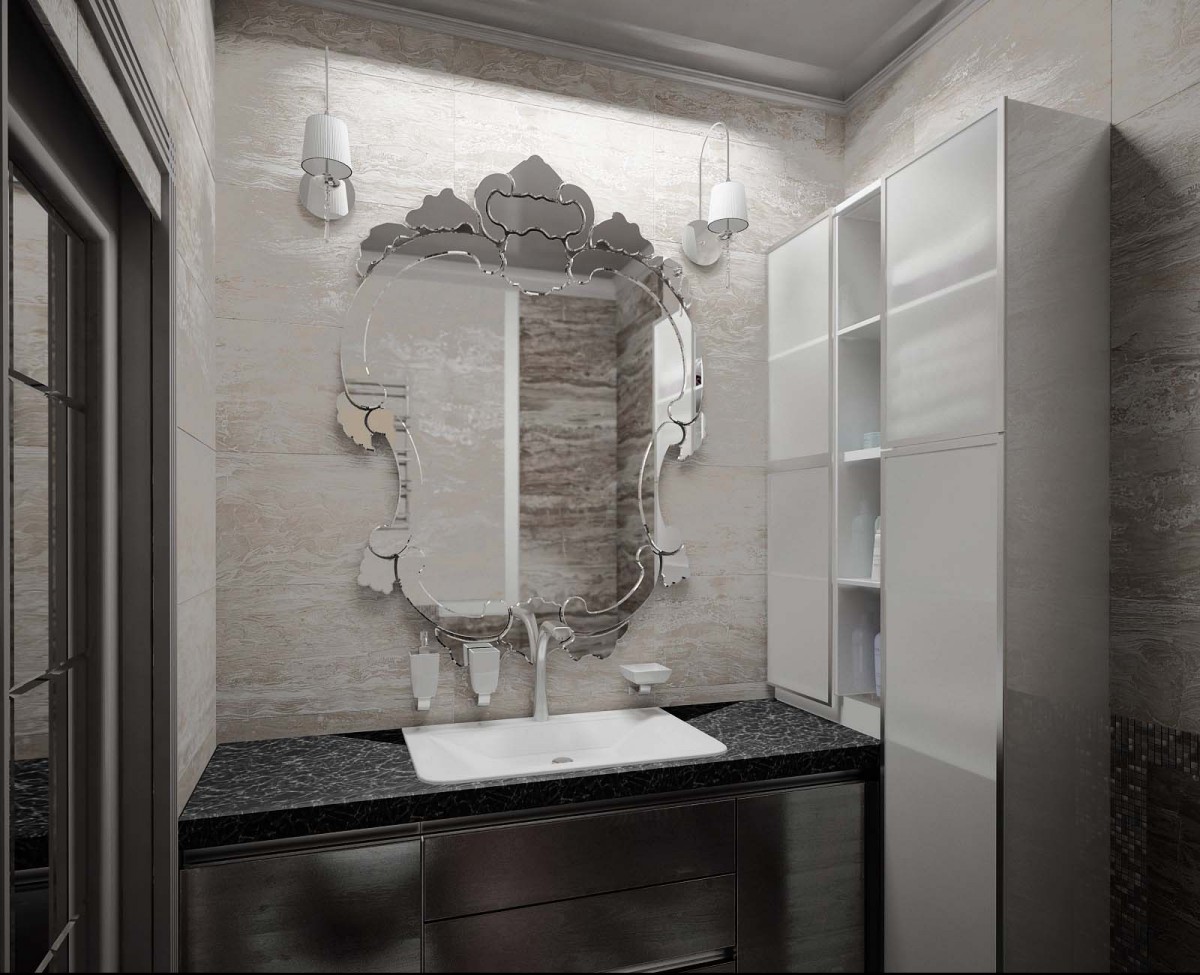 Интерьер ванной комнаты в серых тонах, фигурное зеркало в ванной комнате