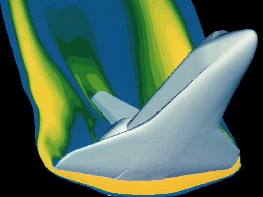 Визуализация модели воздушных потоков космического челнока, возвращающегося в атмосферу Земли на Cray-2.