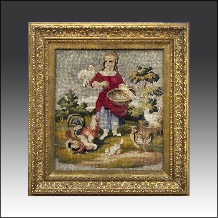 антикварныеAntique Victorian Beaded Embroidery of a Girl Feeding Chickens - Berlin Work - Berlinwork - Needlepoint - 19th C антикварные