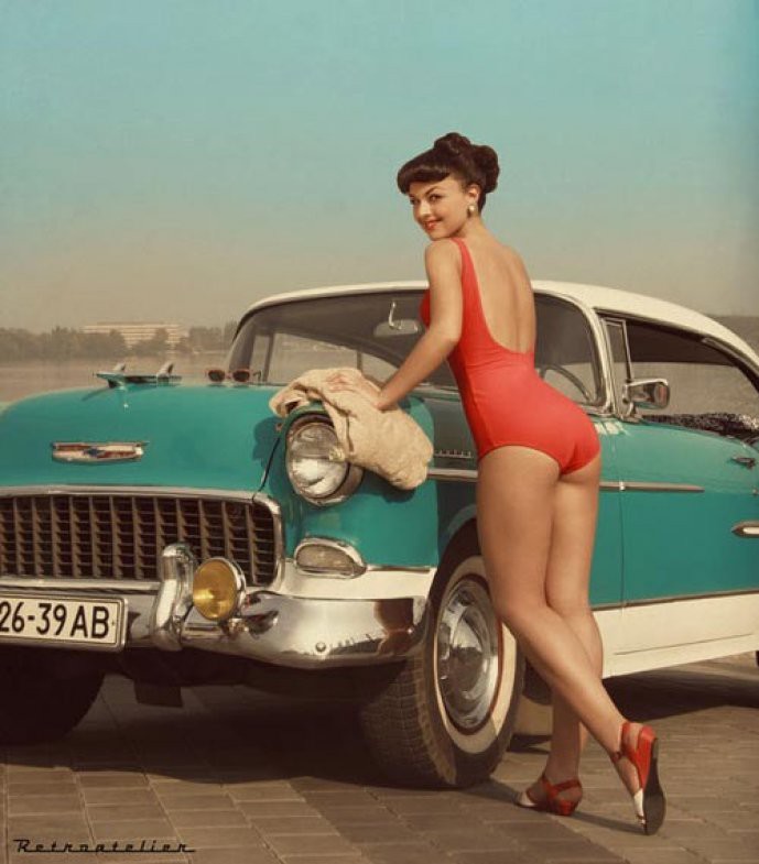 Старая реклама: ретро-авто с девушками девушки, машины, реклама, ретро