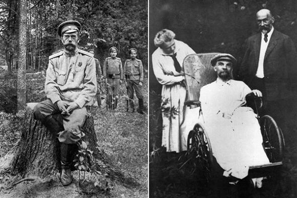 Слева направо: Одна из последних фотографий Николая II, сделанная после его отречения в марте 1917 года, за год до смерти. Владимир Ленин во время болезни в 1923 году, за год до смерти.