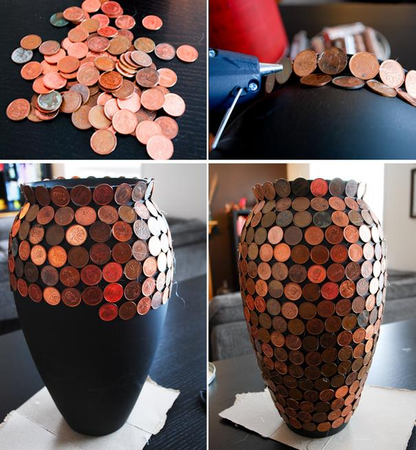 Декорирование вазы для цветов монетами (1) (605x655, 356Kb)