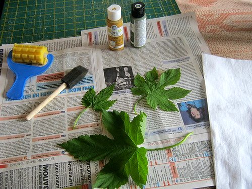 инструменты и материалы для печатания листьями по ткани