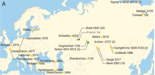 Географическое положение изученных образцов ДНК лошадей и датировками. В скобках указано число геномов. Треугольниками обозначены образцы, изученные в данной работе, ромбиками – опубликованные данные. Голубой цвет – дикие древние лошади; светло- и ярко-зеленые – древние одомашненные лошади (Ботай и Борли); желтые – одомашненные лошади второй волны. new-1