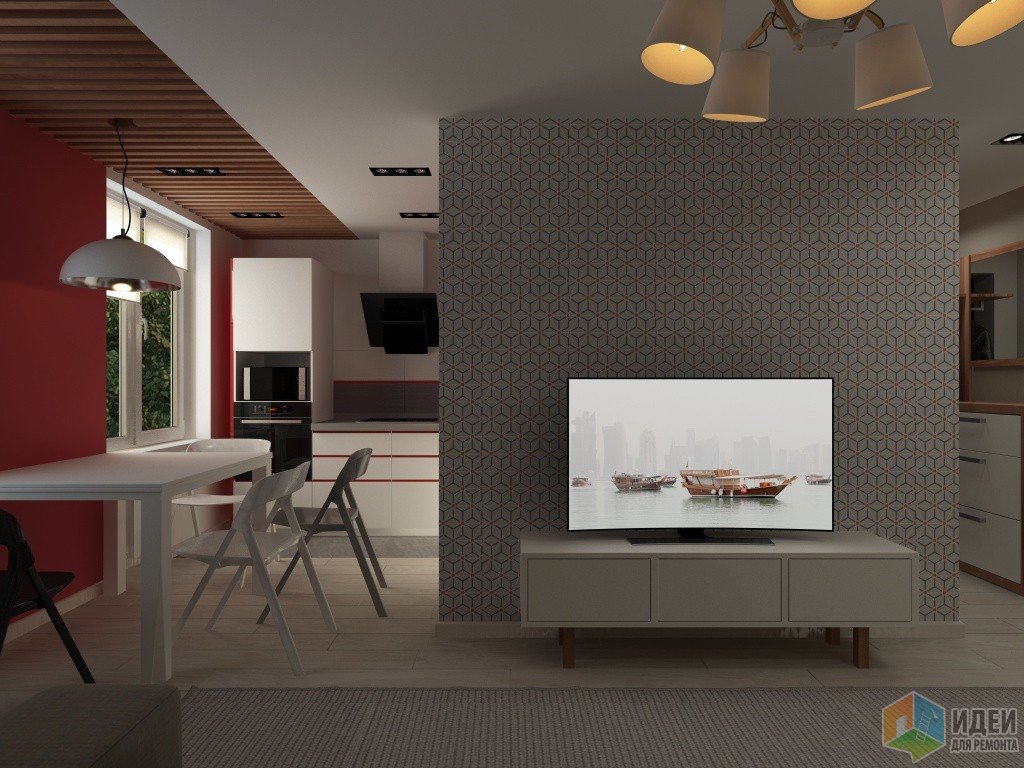 Интерьер кухни-гостиной, зонирование перегородка с телевизором