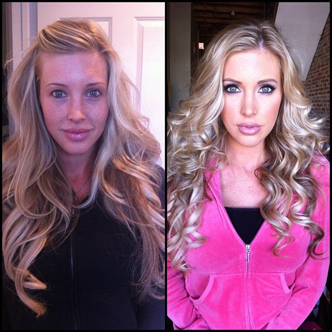 Фотография девушки до и после макияжа