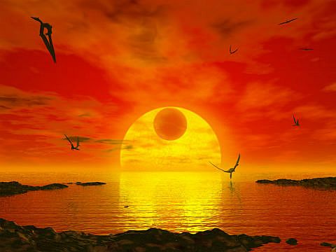 Весящие примерно как шесть-семь Земель Gliese 581 с и d несколько больше нашей планеты по диаметру, так что гравитация на их поверхности вполне умеренная — порядка 1,5—1,7 g. Климат на этих планетах может существенно зависеть от состава атмосферы и наличия облаков. И кто знает, не летают ли над какой-либо из этих сверхземель подобные создания? (иллюстрация Walter Myers)