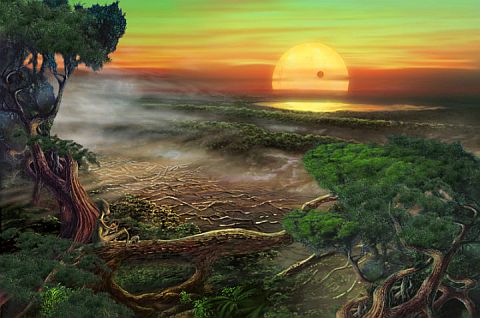 Gliese 581c – один из миров, привлёкших внимание астробиологов. Сумеречная зона на границе между освещённой и ночной стороной планеты (она, вероятно, «заперта» приливными силами) обладает умеренным климатом. Солнце здесь всегда находится близ горизонта (иллюстрация Don Dixon/cosmographica.com).