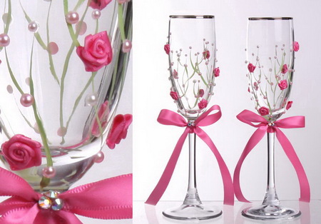 Оформление свадебных бокалов розой из лент