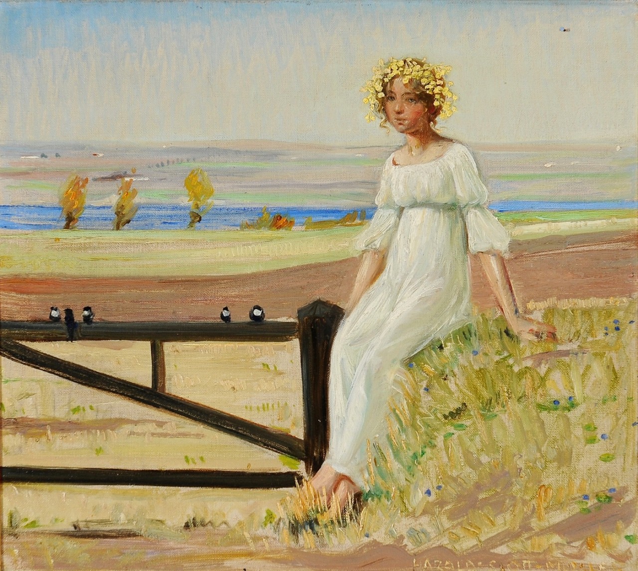 Девушка с цветами в волосах сидит на заборе (Young girl with flowers in her hair sitting on a fence).jpg Девушка с цветами в волосах сидит на заборе (Young girl with flowers in her hair sitting on a fence).jpg
