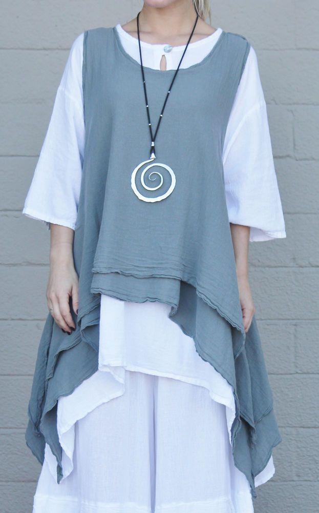 OH+MY+GAUZE+Cotton+Lagenlook+ROCCO++2-Layer+VEST+Tunic+OSFM+M/L/XL/1X++STEEL+