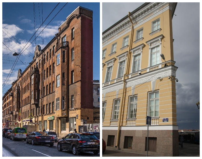 Плоские дома Санкт-Петербурга (на набережной Мойки и Боровой улице, Россия). Дома-«картонки», или Зачем строили плоские здания, и как достигается такая оптическая иллюзия