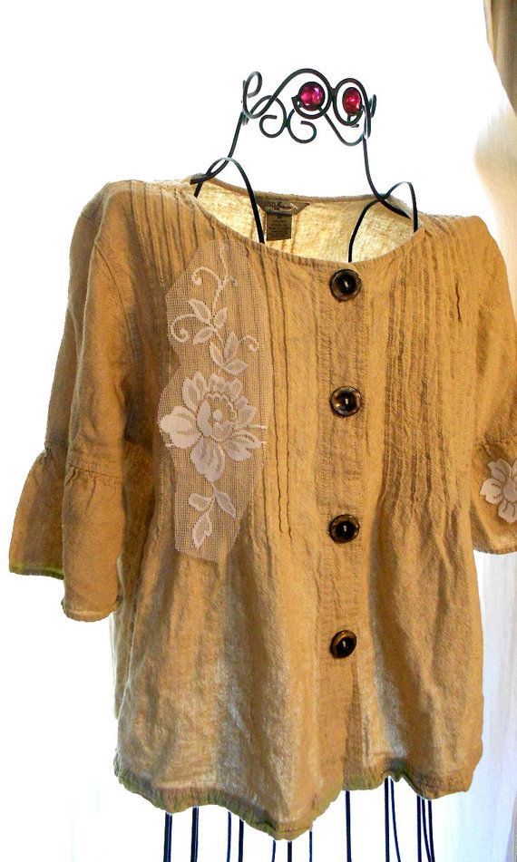 Earthy Boho Ecru Linen flax Shirt Top Blouse Country chic Rose embellished Shirt Med Womens Linen Clothing Natural Earth tones