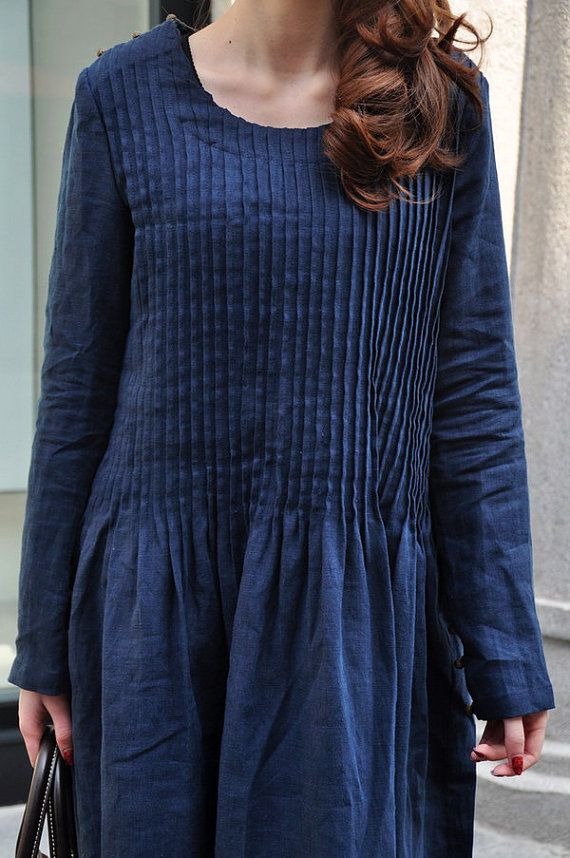 Pleated Linen Winter Dress in Blue / Long Dress by camelliatune, $79.00