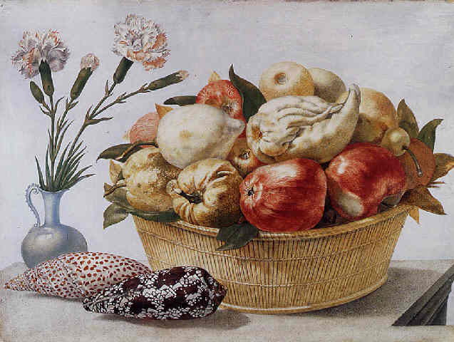 Giovanna Garzoni, Still life with a basket of fruit, a vase with carnations (637x480, 41Kb)