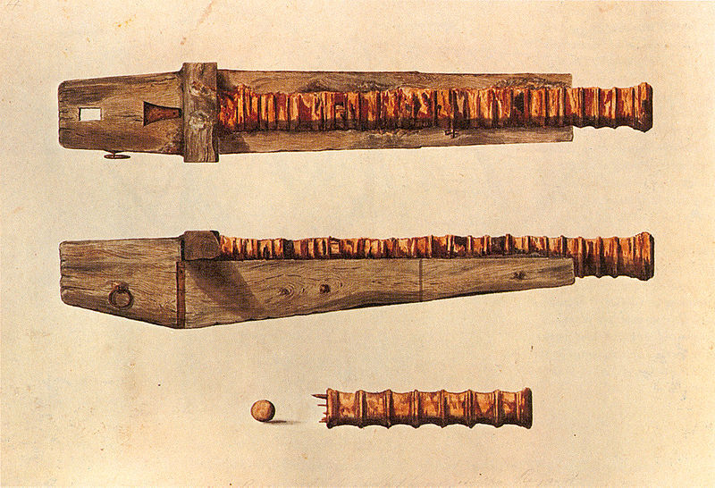 «Port piece» или длинноствольный фоглер, типичный для 2‑й пол. XV–1‑й пол. XVI вв., на станке-«колоде», поднятый с затонувшего в XVI веке «Мэри Роуз»; рисунок, видимо, XIX века. Подобные корабельные станки применялись на кораблях разных стран и имели также пару сплошных деревянных колёс небольшого диаметра на оси, помещённой под переднюю, «скошенную» часть станка - Война в Срединном море: Морея и Тунис | Военно-исторический портал Warspot.ru