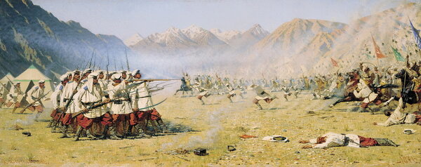 Картина В. Верещагина «Нападают врасплох», 1871 год. Картина не служит иллюстрацией какого-то конкретного боя — художник вложил в неё своё видение некого обобщённого сражения в Туркестане