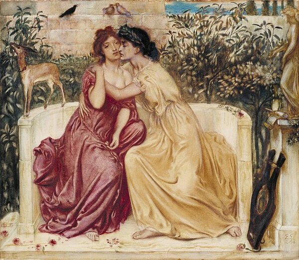 Cимеон Соломон. "Сапфо и Еринна в митиленском саду", 1868. Этот прерафаэлит любил бросать вызов обществу выбором подобных тем: редкий случай для художников его эпохи.