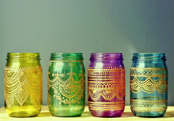 Gift Set of 4 Moroccan Style Mason Jar Lanterns, Jewel Toned Glass with Gold Detailing