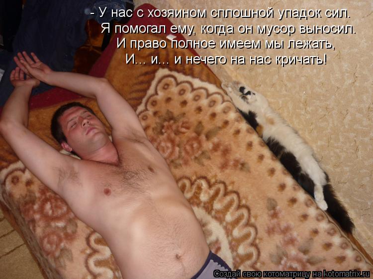 - У нас с хозяином сплошной упадок сил. Я помогал ему, когда он мусор выносил. И право полное имеем м... Котоматрица: - У нас с хозяином сплошной упадок сил. Я помогал ему, когда он мусор выносил. И право полное имеем мы лежать, И... и... и нечего на нас кричать!