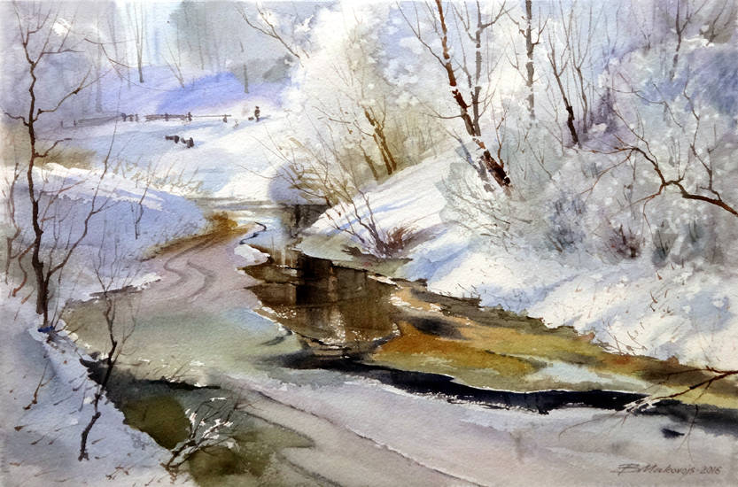 ,,Настоящая зима на р.Кекавине,,акв.бумага Saunders Waterford 425 гр.35*65 см.2016 г.