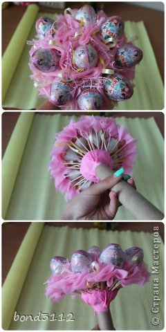 Мастер-класс Свит-дизайн 8 марта День рождения Моделирование конструирование Букет из киндеров МК Бумага гофрированная Картон Ленты Ткань фото 7