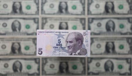 Turkish lira banknote is displayed on U.S. Dollar banknotes in this illustration taken, February 14, 2022. REUTERS/Dado Ruvic/Illustration Turkish lira banknote is displayed on U.S. Dollar banknotes in this illustration taken, February 14, 2022. REUTERS/Dado Ruvic/Illustration
