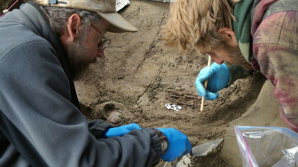University of Alaska Fairbanks professors Ben Potter and Josh Reuther excavate the burial pit at the Upward Sun River site