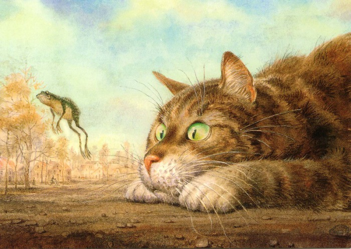Летающий лягушонок. Автор: российский художник Владимир Румянцев. Питерские коты: акварельные мурлыки, которые принесли мировую известность Владимиру Румянцеву