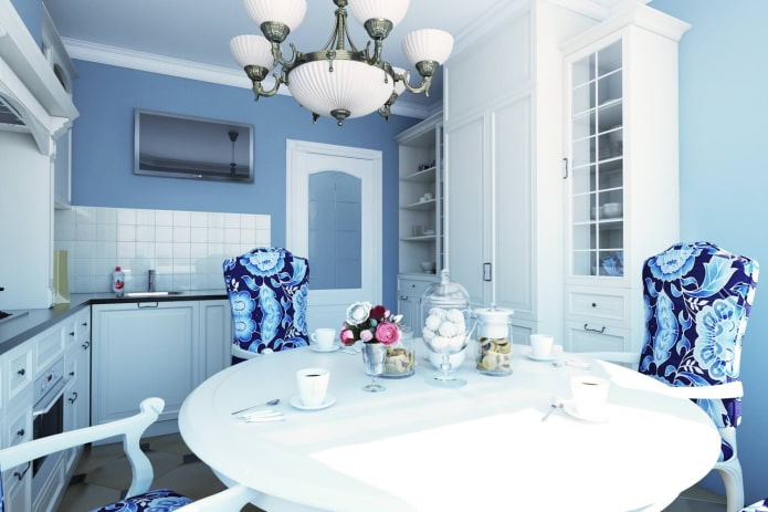дизайн кухни-столовой 12,3 кв. м. в бело-голубых тонах 