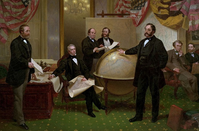 Подписание договора о продаже Аляски 30 марта 1867 года. Слева направо: Роберт С. Чу, Уильям Г. Сьюард, Уильям Хантер, Владимир Бодиско, Эдуард Стекль, Чарльз Самнер, Фредерик Сьюард Почему топор войны между русскими и индейцами Аляски был зарыт лишь в 2004 году