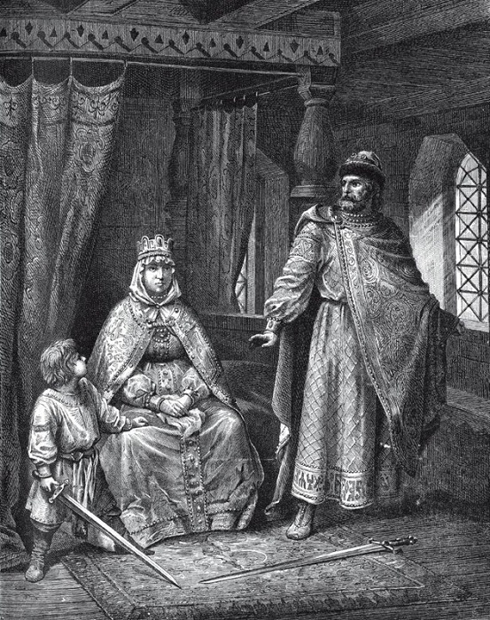 Изяслав защищает мать от Владимира. На самом деле, поскольку князь только что ночевал в постели Рогнеды, они оба должны быть одеты совсем не так плотно. Изяслав защищает мать от Владимира. На самом деле, поскольку князь только что ночевал в постели Рогнеды, они оба должны быть одеты совсем не так плотно.