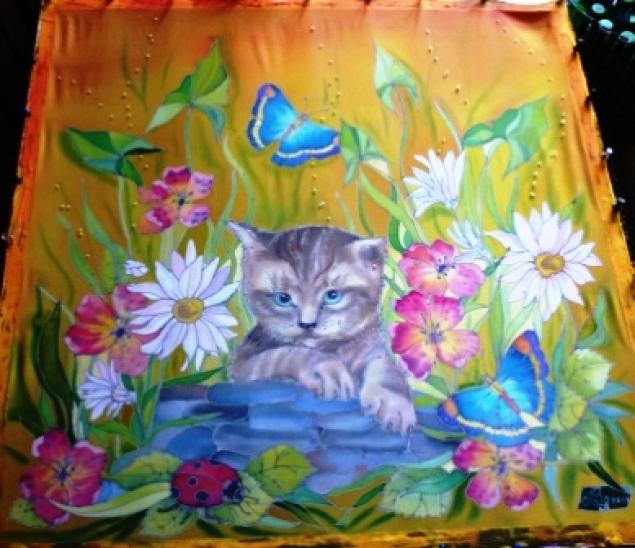 Рисуем котика на шёлке.Пробная работа росписи платочка. МК от Виктории Игнатовой.