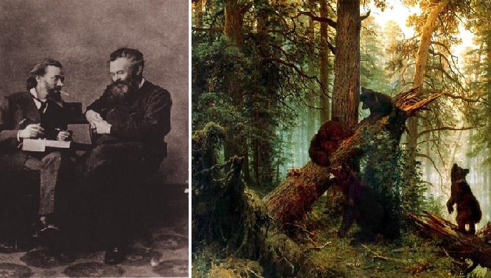К. А. Савицкий и И. И. Шишкин. Начало 1880-х гг. Фото. / «Утро в сосновом лесу».