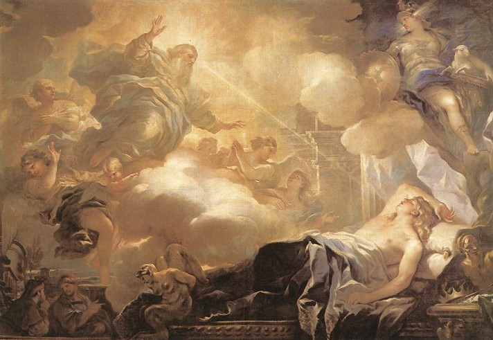 Лука Джордано (1634–1705). Видения Соломона. 1693. Масло, холст. 245х361 см. Прадо, Мадрид.