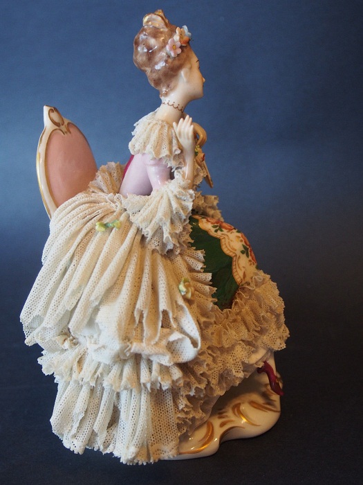 Antique German Volkstedt Dresden Full Lace Sitting Lady Figure Antique German Volkstedt Dresden Full Lace Sitting Lady Figure