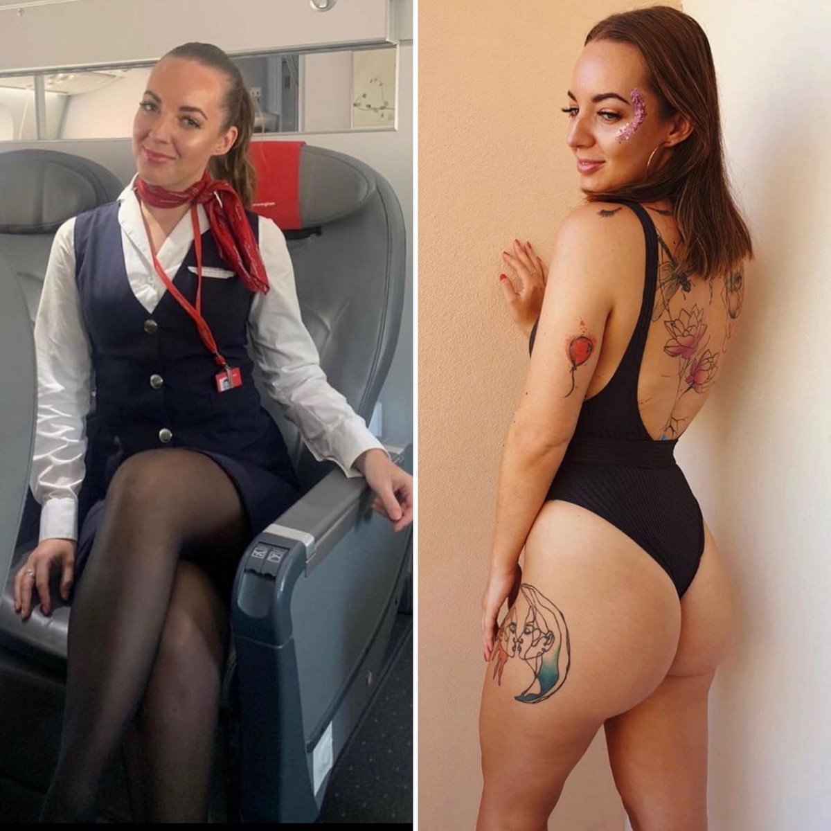 Две стюардессы с тату на теле не против группового траха в чулках