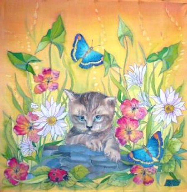 Рисуем котика на шёлке.Пробная работа росписи платочка. МК от Виктории Игнатовой.